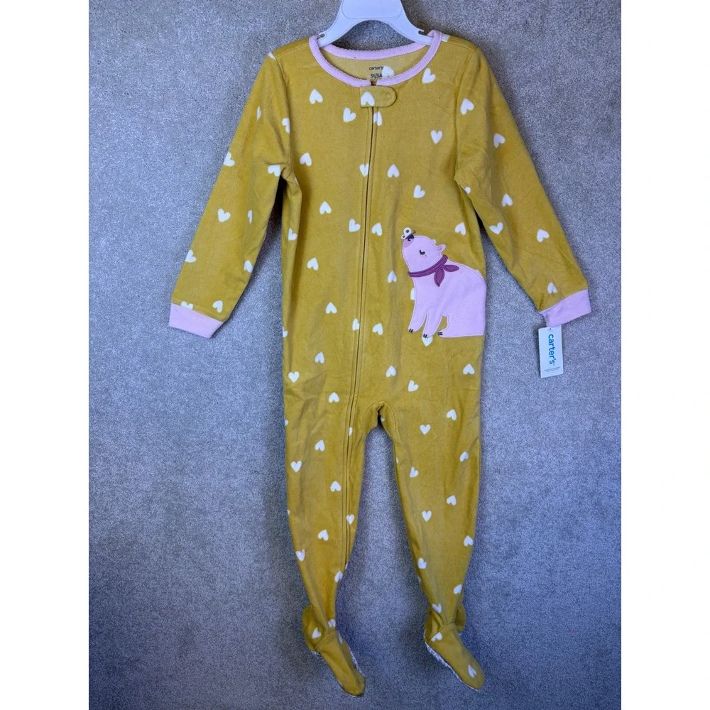 Carter's Footed Pajamas Toddler 5T Yellow Heart Bear Fleece Sleepwear NWT